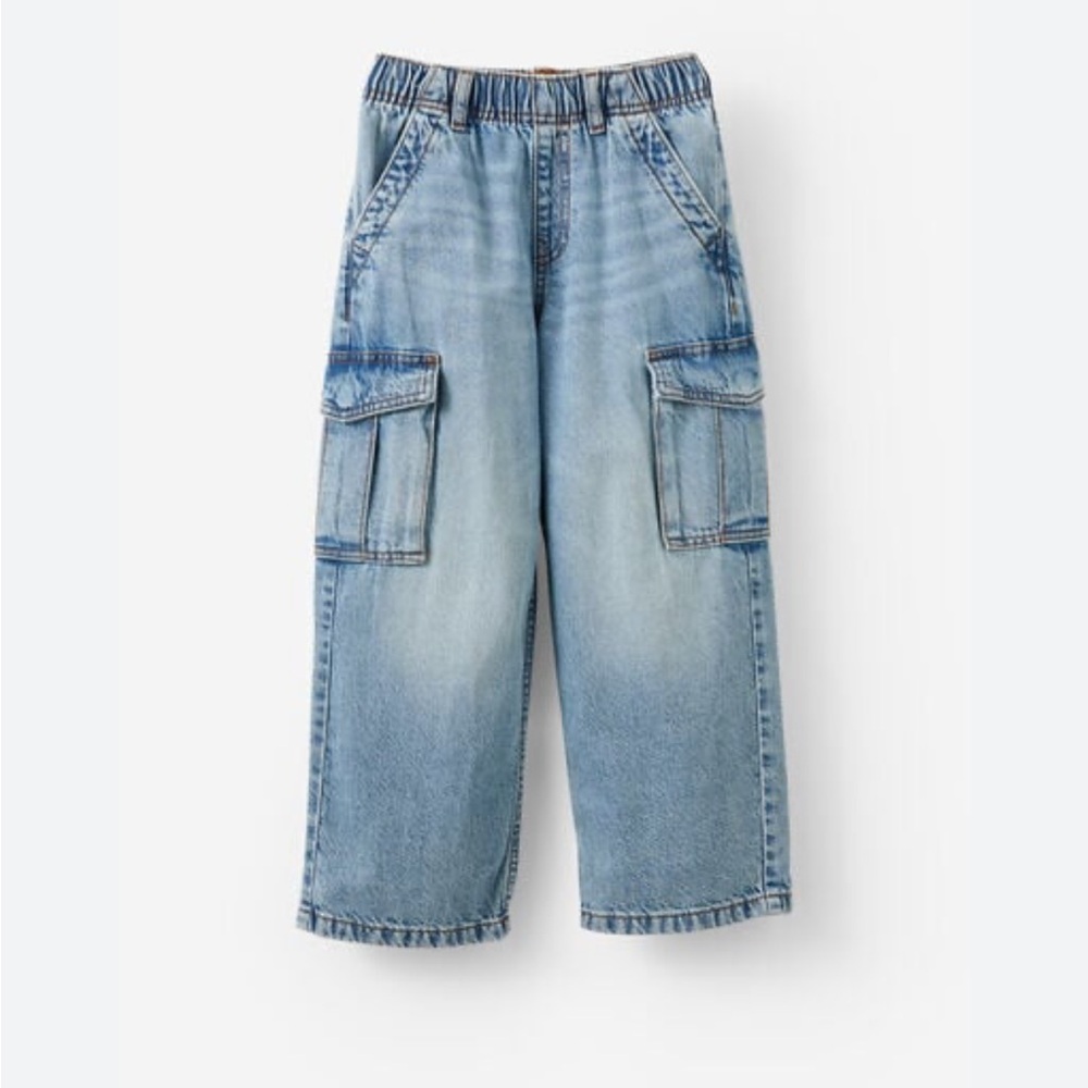 Cotton On Blue Denim Cargo Wide Leg Girls Jeans Elastic baggy